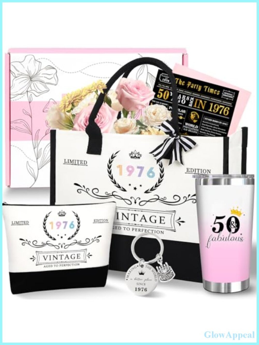 50th Birthday Gift Set for Women, 1976 Tote Bag, Tumbler, Keychain, Canvas